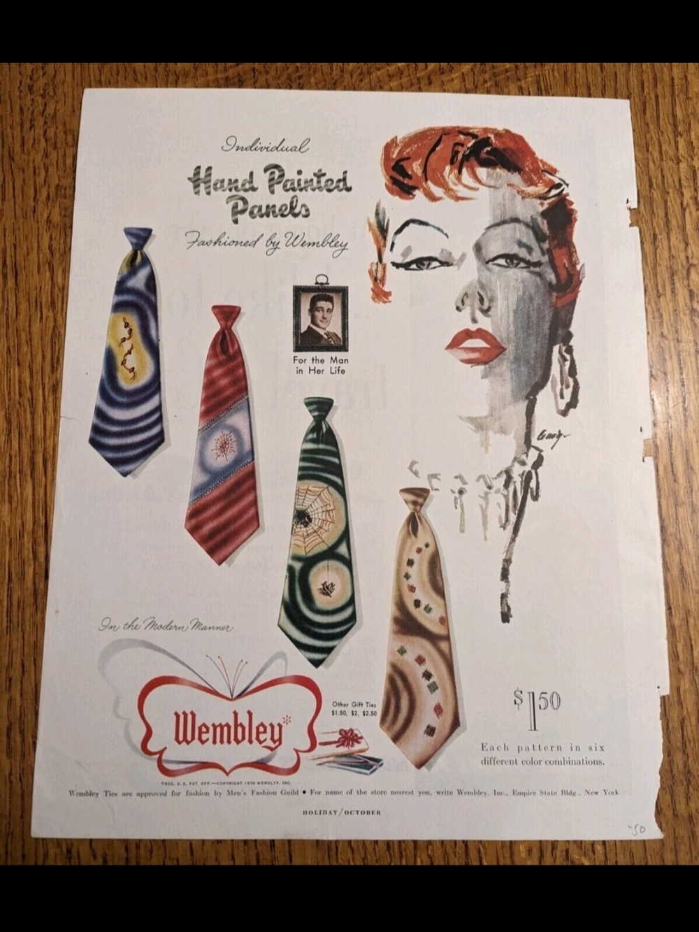 1950- Wembley Men Ties Hand Painted Panels & Douglas DC- 6 Airplane Magazine Ad
